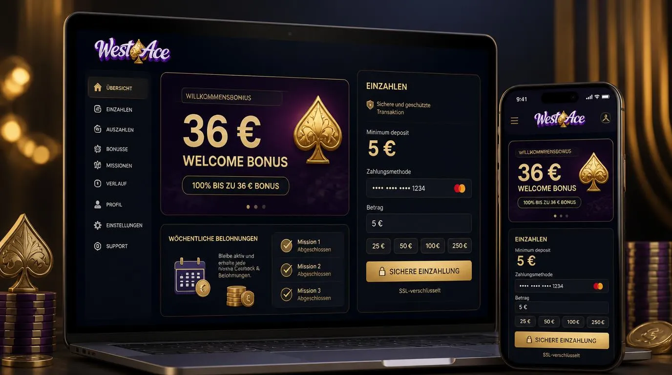 Casino-Bonusübersicht mit 36 € Willkommensangebot, Mindesteinzahlung von 5 € und Cashback-Hinweis