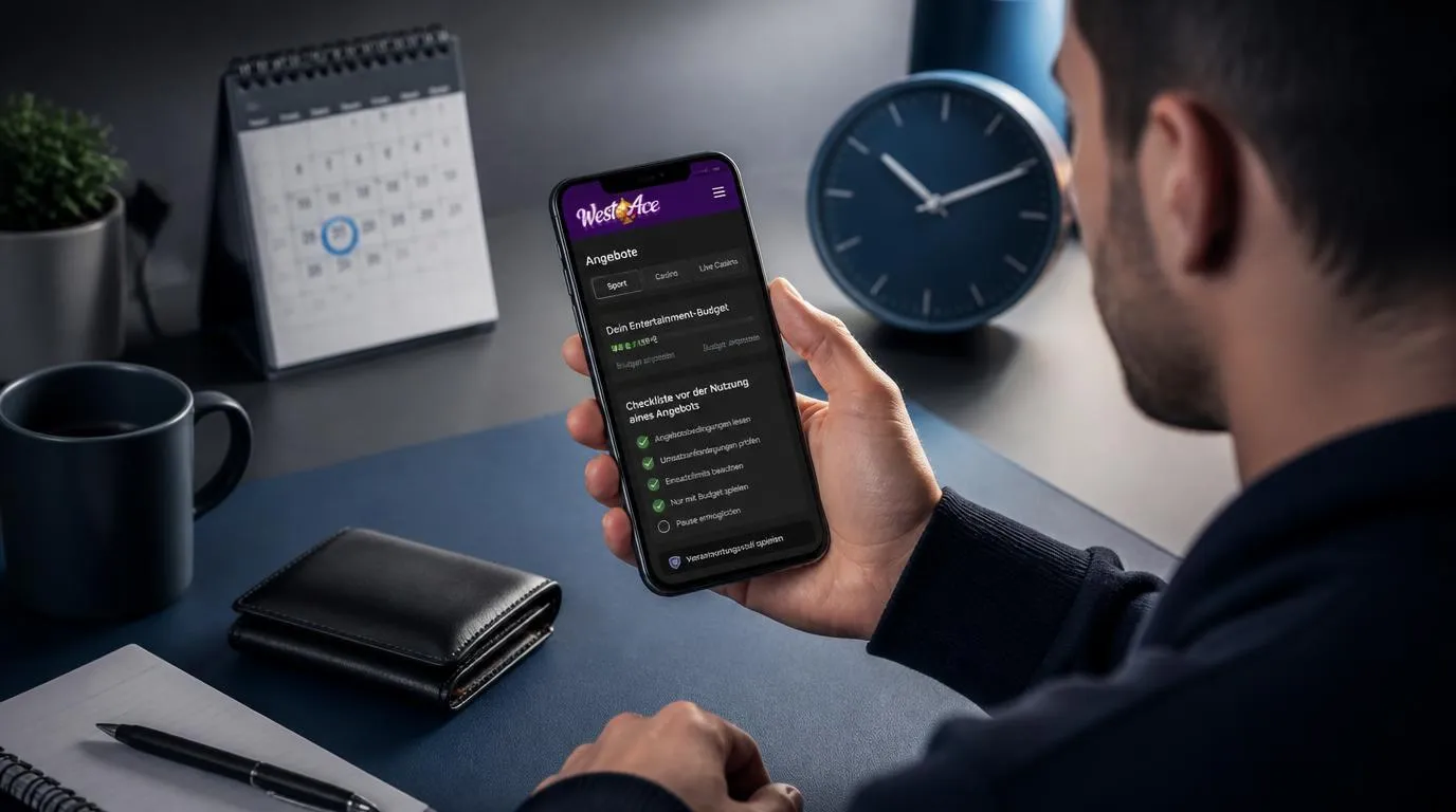Spieler prüft auf einem Smartphone Casinoangebote und behält sein Spielbudget im Blick