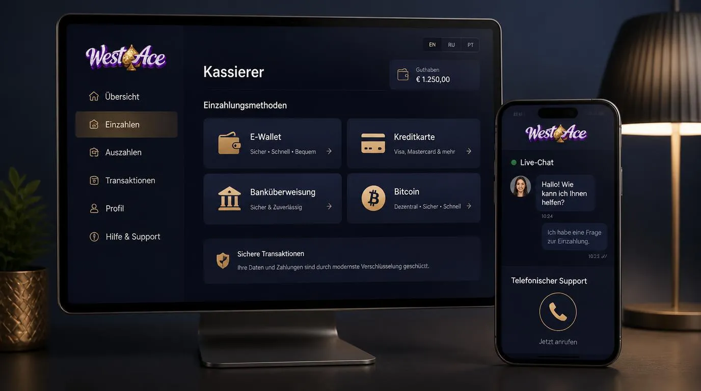 Kassenansicht mit Euro, E-Wallets, Bankkarten und erreichbarem Live-Chat für Zahlungsfragen