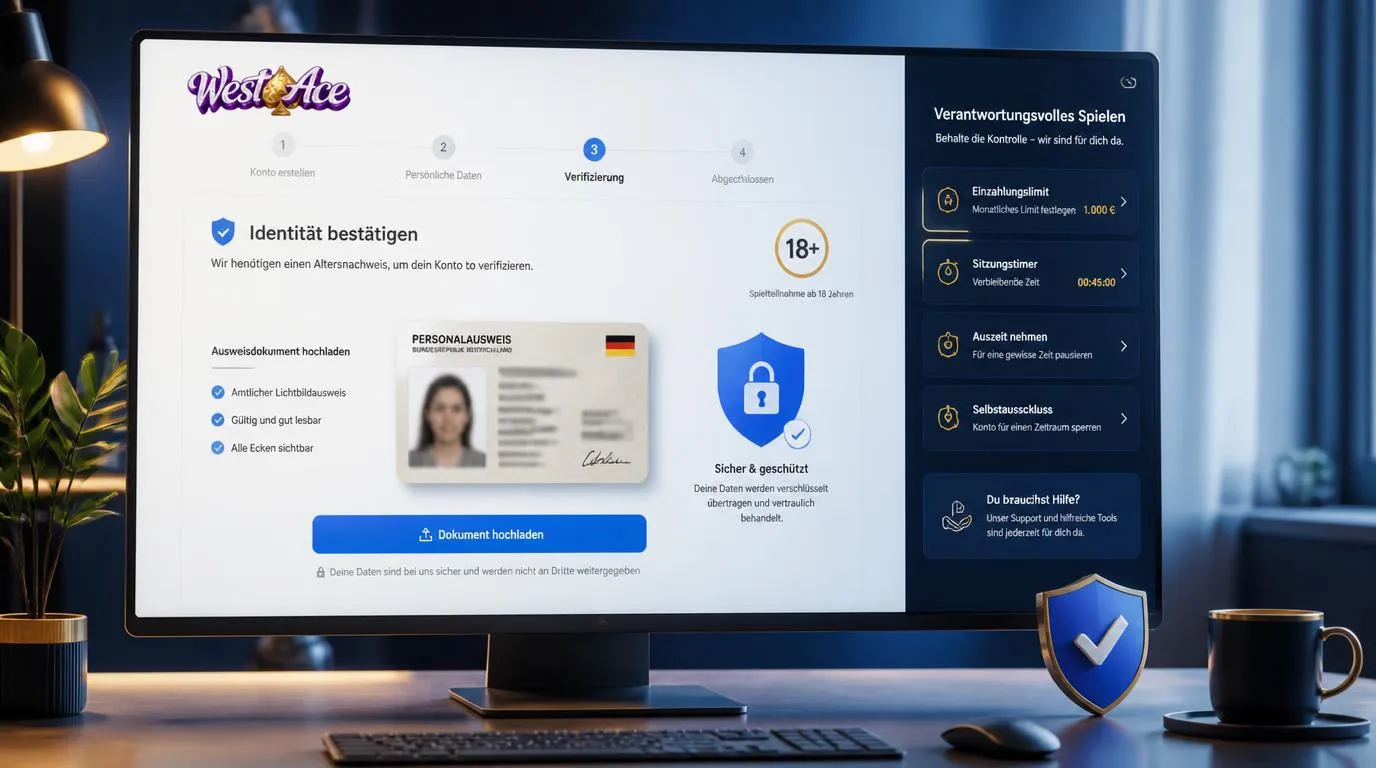 Digitale Altersprüfung mit Ausweis, 18+-Hinweis und Schutzschild bei der Casino-Registrierung