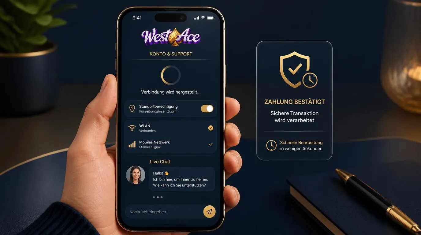 Smartphone mit Casino-App, Standortfreigabe, Netzwerksymbol und geöffnetem Live-Chat für mobile Hilfe