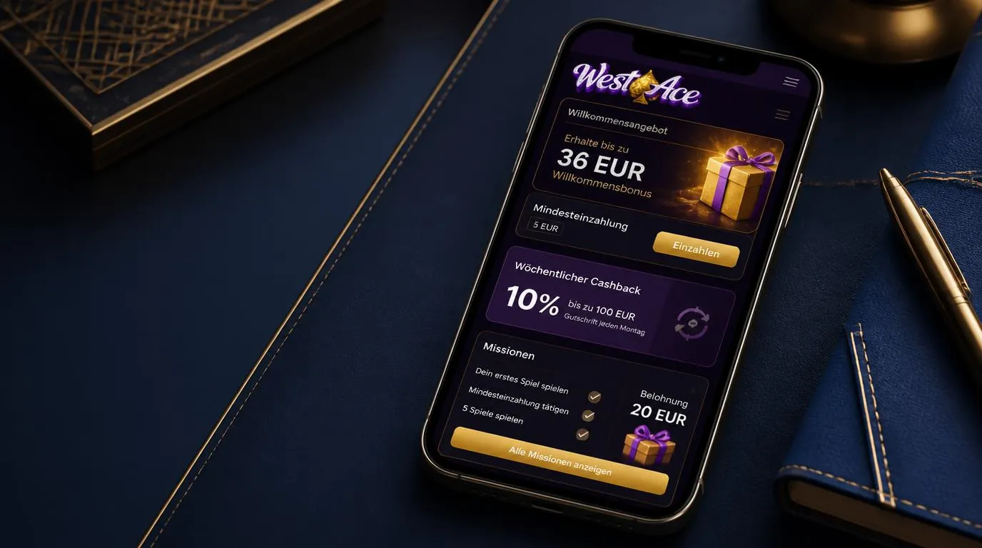 Casino-Bonusbereich auf einem Smartphone mit Willkommensangebot, Cashback und wöchentlichen Missionen