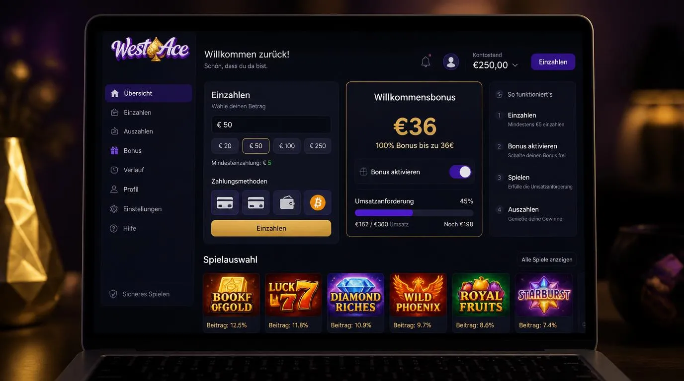 Casino-Kassenbereich mit 5-Euro-Einzahlung, 36-Euro-Bonus und Anzeige zum Umsatzfortschritt