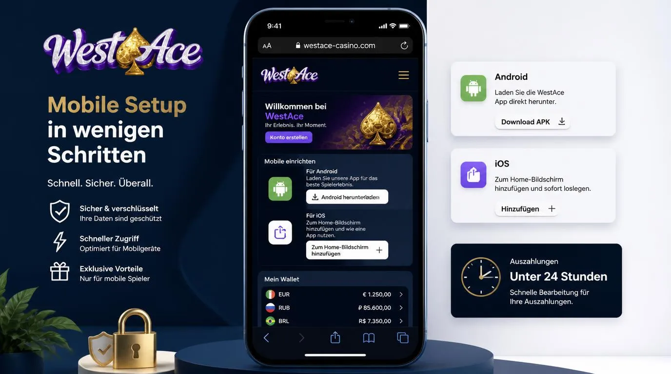 Smartphone mit Browser-Verknüpfung, Android-Download und mobiler Casino-Kasse