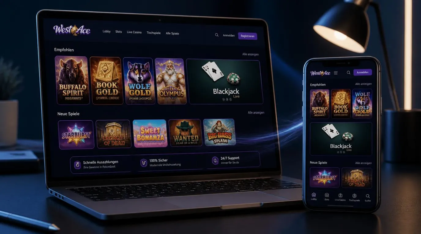 Casino-Spielothek auf Laptop und Smartphone mit Slots und Tischspielen in übersichtlicher Oberfläche