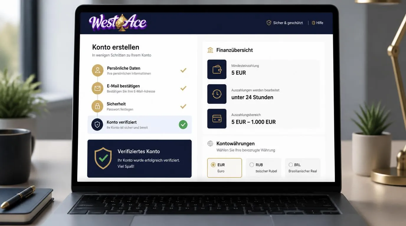 Registrierungsmaske mit Übersicht zu Einzahlung, Auszahlungslimit und Kontowährung in Euro