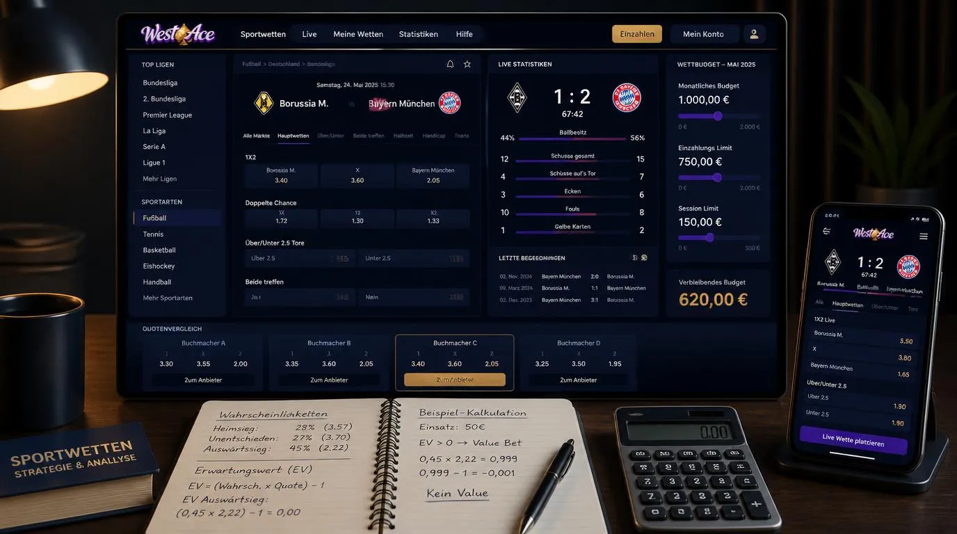 Sportwetten-Analyse mit Quotenvergleich, Wettbudget und Live-Spielstatistiken auf einem Bildschirm