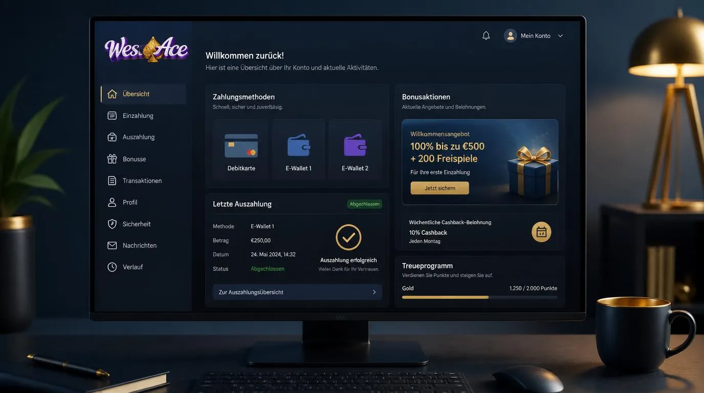 Casino-Oberfläche mit Karten, Wallet-Zahlung, Auszahlungsstatus und Bonusbereich